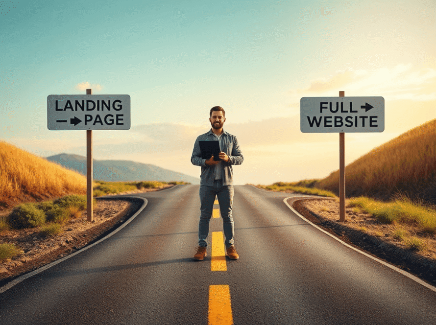 Landing Pages vs Full Websites: Which Do You Need? 1 create a high resolution realistic image showing a small business owner 2
