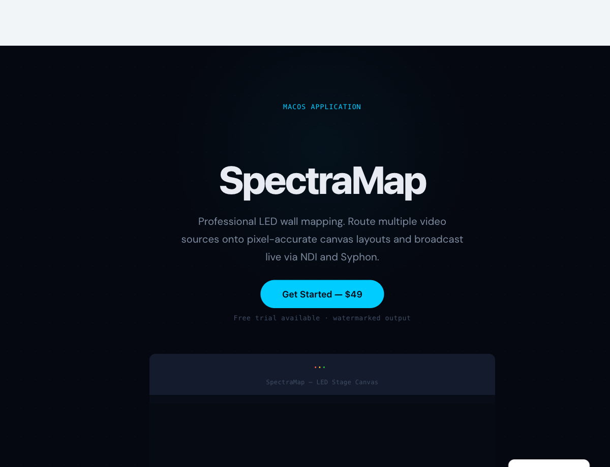 SpectraMap canvas workflow — multiple sources mapped to pixel-accurate regions on a single output canvas.