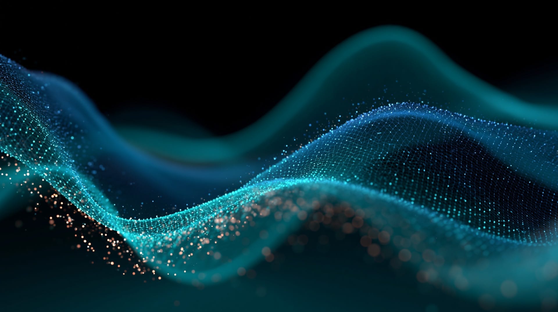 Abstract flowing wave of glowing blue and cyan particles on a dark background