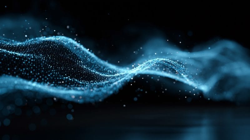 Abstract dark blue digital particle wave on a black background