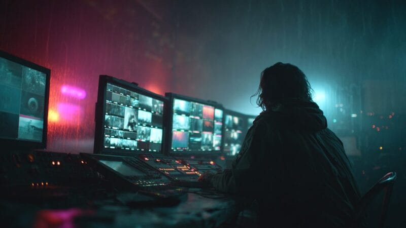 A streaming operator position at night lit by multiple monitors