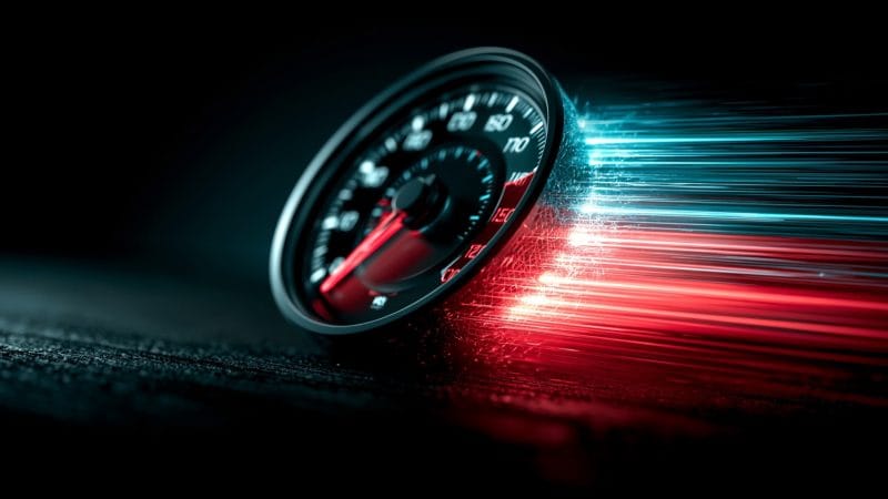 A glowing speedometer with red and blue light streaks on a dark background