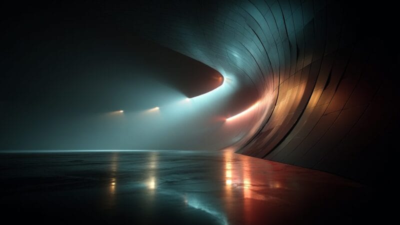A sweep of projected light bending across a large curved surface