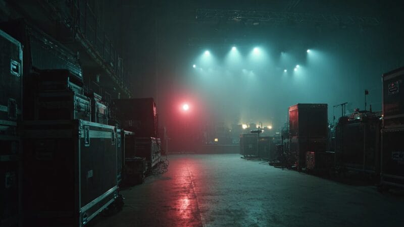Packed flight cases in a dark venue after a show