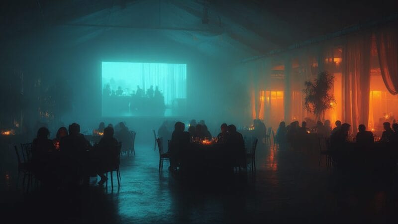 A reception at night with guests in silhouette watching a large lit screen