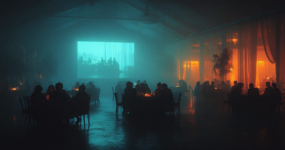 A reception at night with guests in silhouette watching a large lit screen