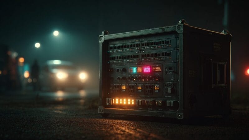 A network switch in a dark road case with port lights lit